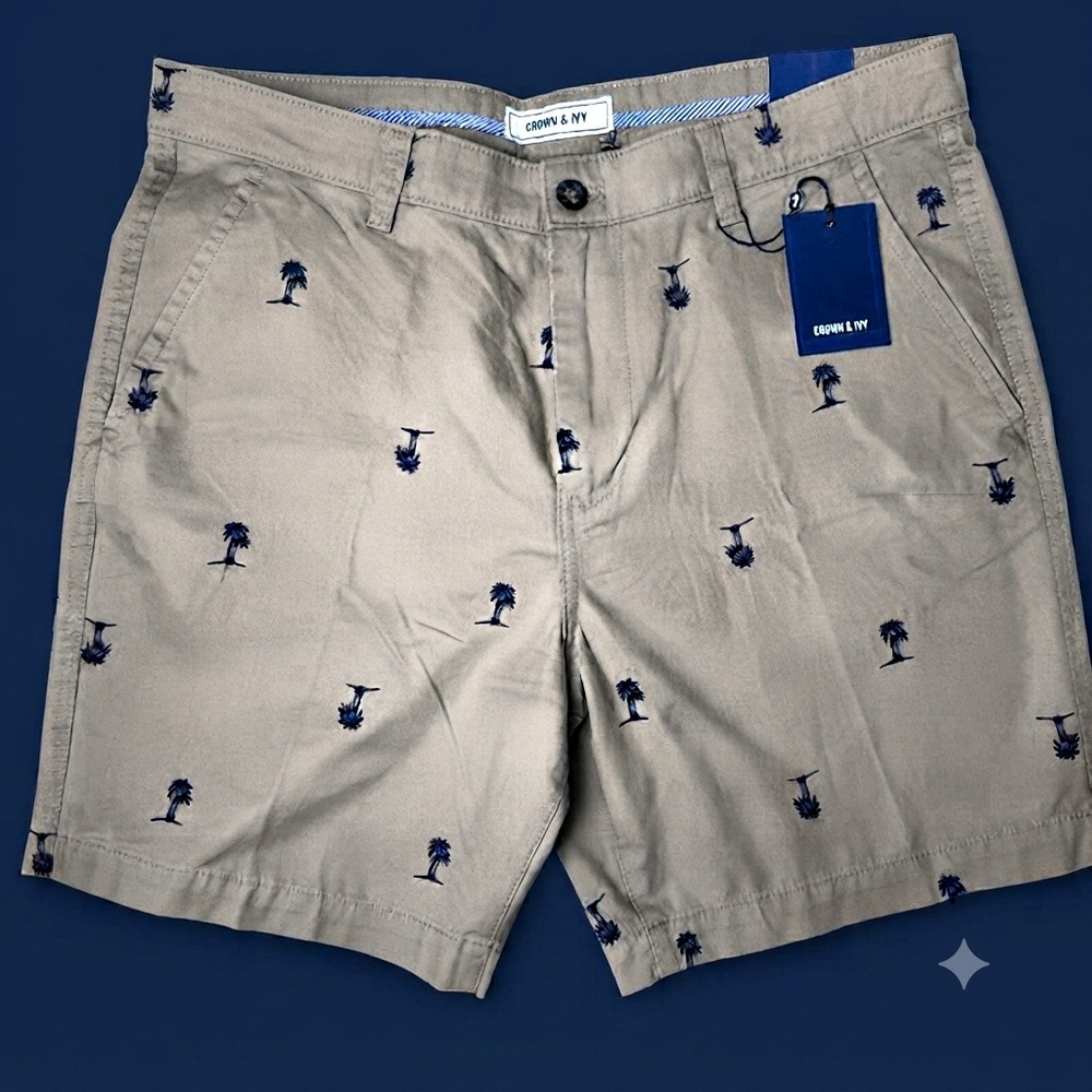 NWT Crown & Ivy Mens Khaki Chino Shorts Palm Tree Print Flat Front Size 32x 7